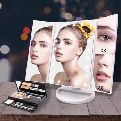 WEILY Tri-fold Vanity Mirror, 21 LEDs and 2X/3X Magnification, Touch Switch for Adjusting Brightness, Dual Power Supply mode Makeup Mirror (White)