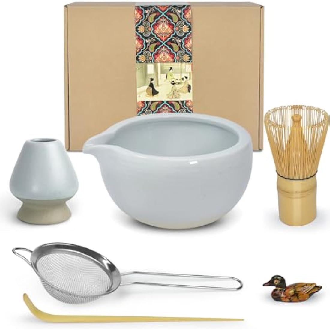 Artcome Matcha Ceremony Kit for Japanese Tea Ceremony, Bowl with Pouring Spout, Whisk, Tea Scoop, Matcha Powder Strainer, Matcha Tea Set for Making Usucha, Koicha and Matcha Latte (Cyan)