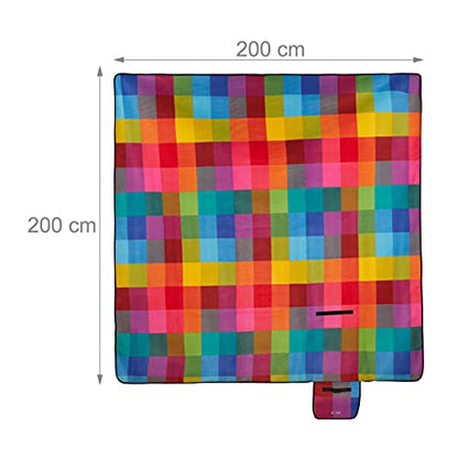 Relaxdays XXL Picnic Blanket, 200 x 200 cm, Fleece Beach and Camping Mat, Insulated & Waterproof, With Handle, Multi-Coloured Plaid