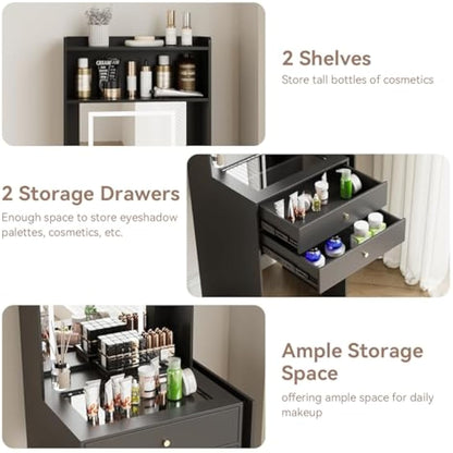 YOURLITE Dressing Table with LED Lights, Vanity Table with Adjustable Brightness Mirror, Glass Tabletop Makeup Desk with 2 Drawers & shelves, Small Compact Black Makeup Table with Fold-up Panel