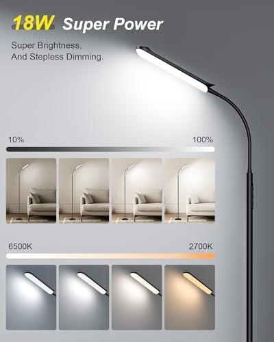 LED Floor Lamp 18W, Dimmable Modern Standing Light with 4 Color Temperature, Remote & Touch Control, 360° Adjustable Gooseneck, 1Hour Timer, Reading Floor Lamp For Living Room Bedroom Office（Black）