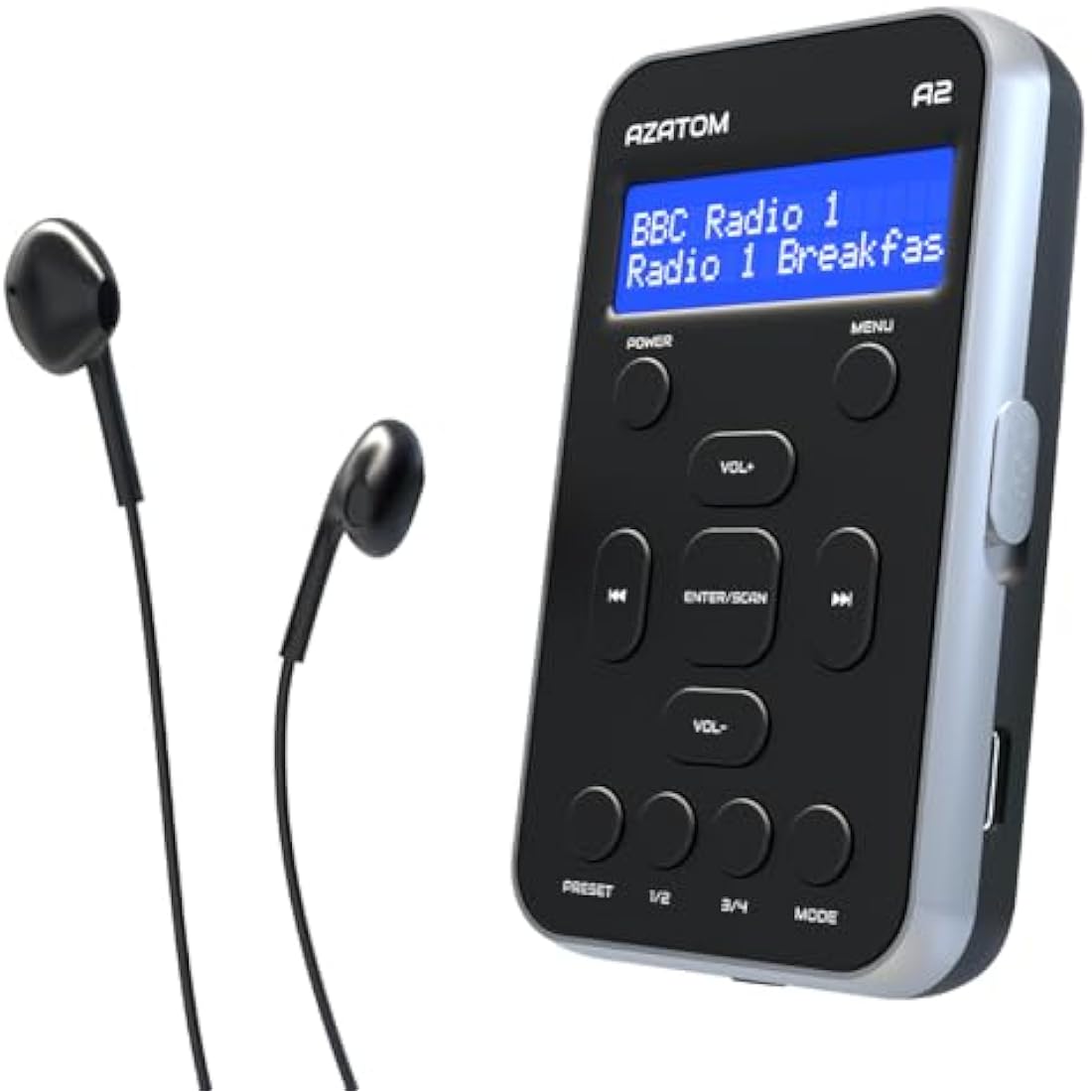 Portable DAB/DAB+ & FM Digital Radio | Sports Earphones Included | Clear Digital Display | Rechargeable Battery (10-12 Hours) | Perfect for Sports, Hiking or Working | AZATOM A2 (Silver/Black)