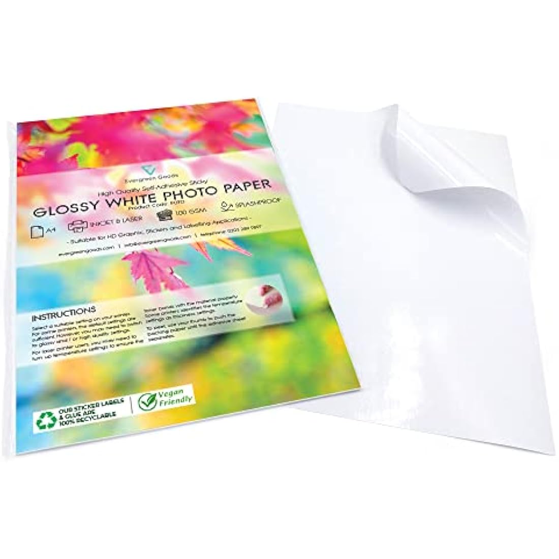 Evergreen Goods 500 Sheets A4 White Glossy Printable Photo Sticker Paper | Splashproof Inkjet & Laser Compatible Self Adhesive Label | Ideal for Product Labelling, DIY Crafts, Scrapbooking & More