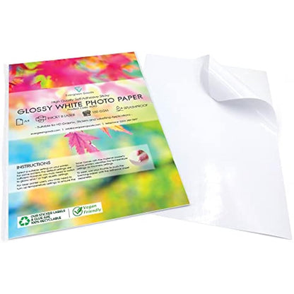 Evergreen Goods 500 Sheets A4 White Glossy Printable Photo Sticker Paper | Splashproof Inkjet & Laser Compatible Self Adhesive Label | Ideal for Product Labelling, DIY Crafts, Scrapbooking & More