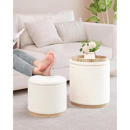 Bonlife Round White Ottoman with Storage Set of 2,Makeup Vanity Stool Chair,Ottoman Coffee Table for Living Room,Bedroom,Dining Room,39x39x44cm