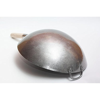 Craft Wok Big 16 Inch Heavy Hand Hammered Carbon Steel Pow Wok with Wooden and Steel Helper Handle (Round Bottom) / 731W138