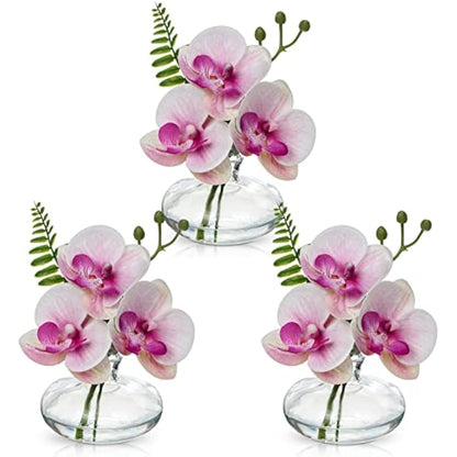 Briful Set of 3 Artificial Orchids in Glass Vase, Pink Orchids Fake Flowers in Faux Water Artificial Flowers for Decoration Artificial Plant for Living Room Bathroom Office Décor