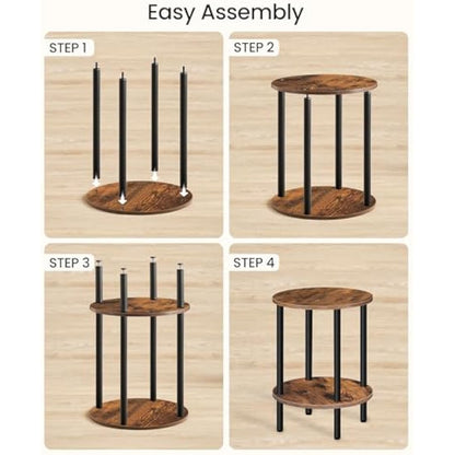 CHOEZON Round Side Table, 2-Tier End Table, Small Round Nightstand with Sturdy Metal Tube, Industrial Coffee Table, for Living Room, Bedroom, Rustic Brown and Black DTBZ01BF