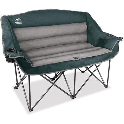 LANMOUNTAIN Fully Padded Folding Double Camping Chairs,Comfy Oversized Loveseat Lawn Chair w/Wine Glass Holder,Cup Holder,Heavy Duty Outdoor Portable Camp Couch Support 600 Lbs,Dark Green