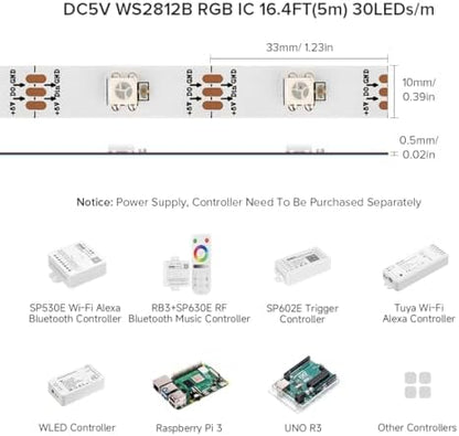 BTF-LIGHTING WS2812E ECO RGB Alloy Wires 5050SMD Individual Addressable 16.4FT 30Pixels/m 150Pixels Flexible White PCB Full Color LED Pixel Strip Dream Color IP30 Non-Waterproof DIY Projects Only DC5V