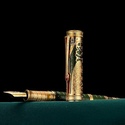 Hong Dian D5 Qin Dynasty Fountain Pen - Green Gold, Extra Fine Point, Piston Filler, Chinese Totem Retro Engraved Soft Writing Pen Set
