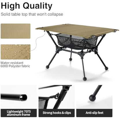 OneTigris Dipper Camping Table, Lightweight Portable Folding Table with Mesh Storage Net, High/Low Options, Ideal for Camping, Hiking, Tailgating, Beach, Picnic, Travel, Backyard