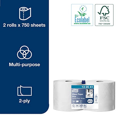 Tork 130041 Wiping Paper Plus Combi Roll / Wiping Paper Rolls Suitable for W1 and W2 Wipers System Dispensers / Extra Strong Paper Towel Roll / White / 2 x 255m / Ø 26.2cm