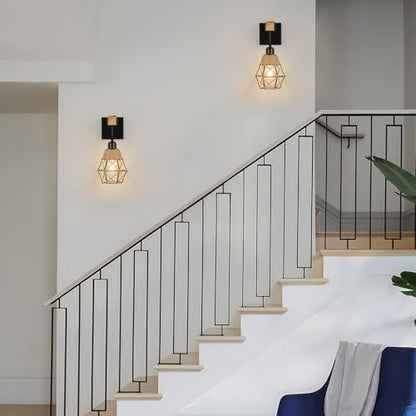 FORCOSO Wall Lights Indoor 2-Pack, Vintage Wood Wall Lamp Black, E27 Sconce Lights, Industrial Lights Fittings, Rustic Rope Lighting Fixtures Living Room Bedrooms Hallway