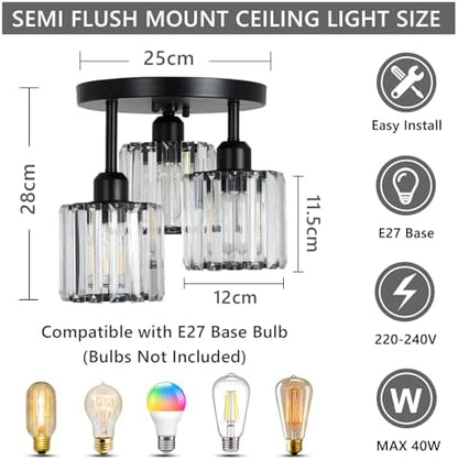 Rayofly Modern Crystal Chandeliers, 3-Light Crystal Lights for Living Room, Black Semi Flush Ceiling Light Fittings for Hallway, Bathroom, Bedroom, Foyer, Kitchen