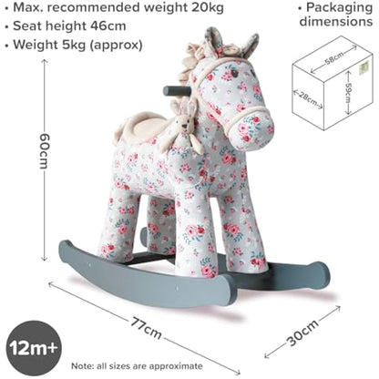 Little Bird Told Me - Lily & Rose Rocking Horse for Toddler 12+ Months Unisex - Grey & Pink Floral Printed Fabric, Solid Wooden Frame & Rockers, Removable Plush Toy - British Brand Since 2007