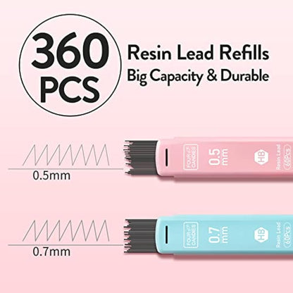 Four Candies Cute Mechanical Pencil Set, 6PCS Pastel Mechanical Pencils 0.5mm & 0.7mm with 360PCS HB Lead Refills, 12PCS Erasers, Aesthetic Stationery & School Supplies for Girls Writing
