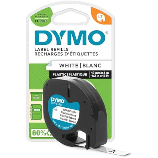 DYMO Branded LetraTag Plastic Labels | 12 mm x 4 m Roll | Black Print on White Labels | Multipurpose, Self-Adhesive Labels for LetraTag Label Makers | 1 Count