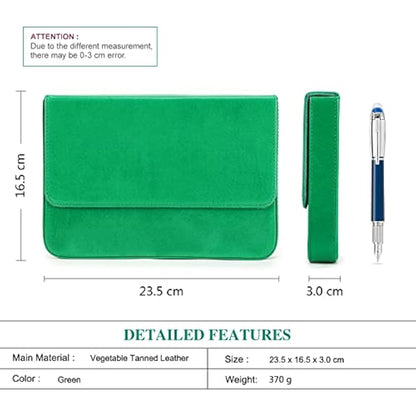 Hiram Leather Pen Case for 12 Pens Vegetable Tanned Leather Fountain Pen Storage Box with Hidden Magnetic Snap Closure and Pen Tray Design (Green)