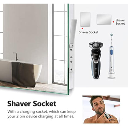 EMKE 800 X 600 mm Bathroom Mirror with Lights and Shaver Socket, Backlit LED Bathroom Mirror Wall Mounted, Demister Pad/Safety Socket/Touch Switch, Smart Mirrors, Vertical/Horizontal, IP44