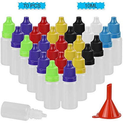 CODIRATO 70 PCS Plastic Eye Liquid Squeezable Dropper Bottles 10ML Liquid Bottles for E-liquid, Oils, Dyes and Other Liquids (7 Colores)
