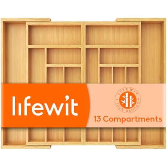 Lifewit Bamboo Extra Large Cutlery Drawer Organiser, Expandable to 36 Inches Cutlery Tray for Kitchen, Adjustable Silverware and Flatware Holder, Plastic Utensil Storage for Spoons Forks Knives