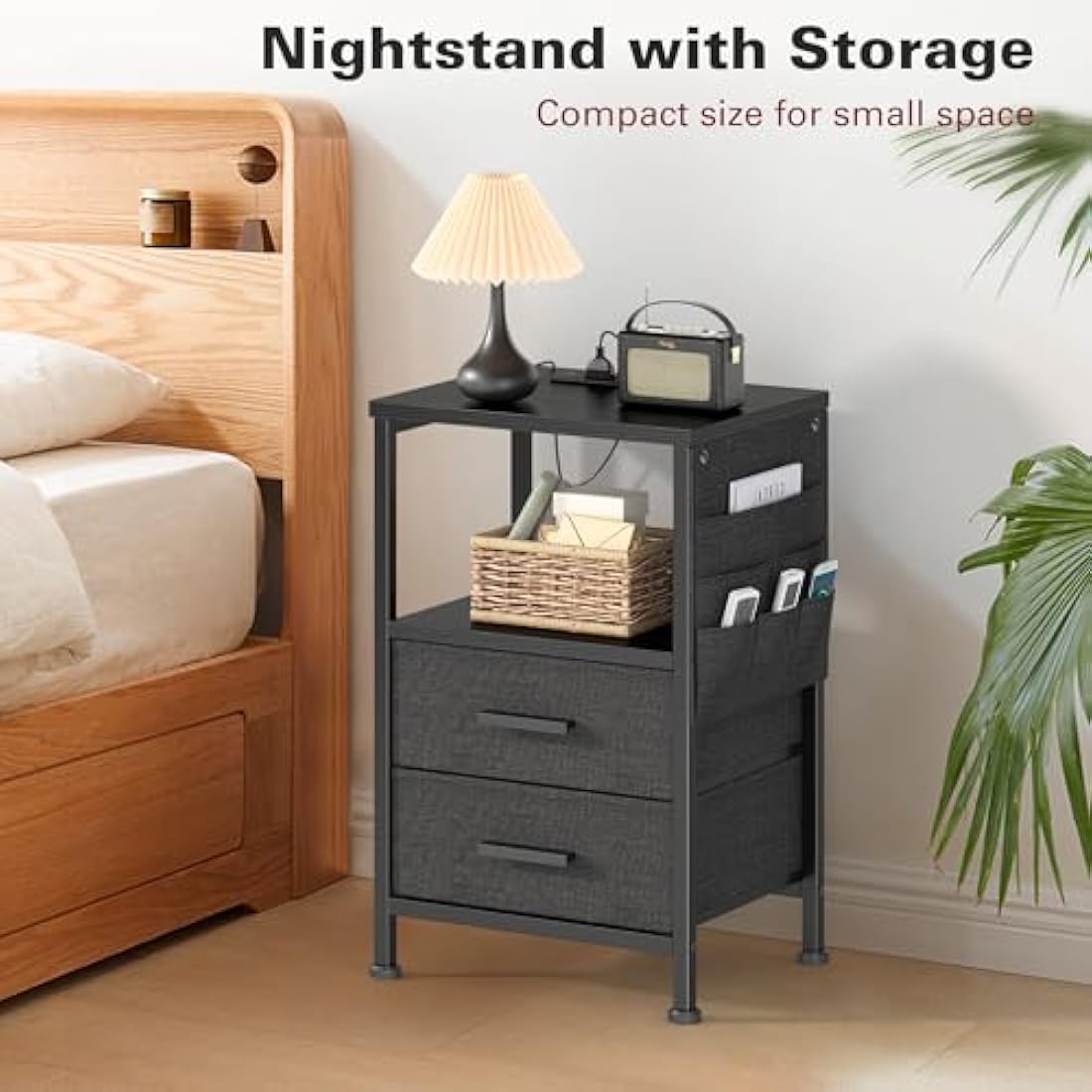 COWISH Bedside Table with Charging Station, 2 Drawers Bedside End Table, Industrial Sofa SideTable, Rolling Nightstand with Storage Shelf and Bag for Living Room, Bedroom, Black