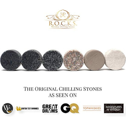 Whiskey Chilling Stones Gift Set - 6 Handcrafted Premium Granite Round Sipping Rocks - 2 Crystal Superior Glasses - Hardwood Presentation & Storage Tray - Elegant Gold Foil Gift Box by R.O.C.K.S.