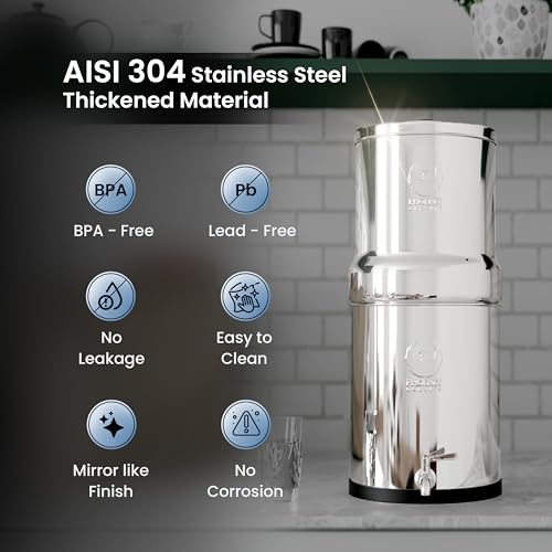 PHOENIX GRAVITY 8-Litre Stainless Steel Gravity Water Filter NSF Certified AISI 304 Countertop Water Filter System with 2 Smart (Black) Carbon Cartridges, Free Water Tap, No Power Or Plumbing Required