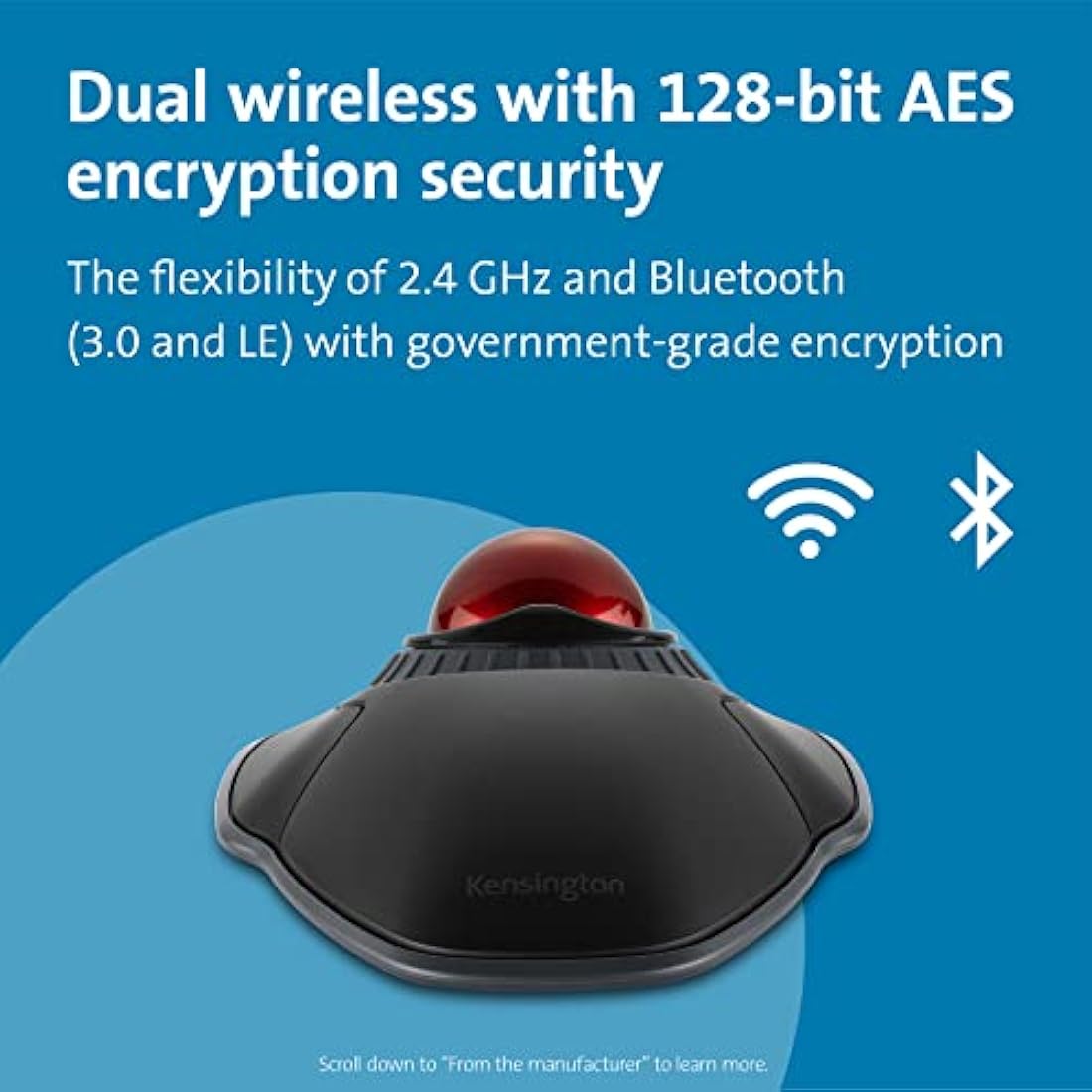 Kensington Orbit Wireless Trackball with Scroll Ring, Professional Computer Mouse with Bluetooth, (2.4GHz Wireless), Optical Tracking & AES Encryption Security, Left or Right Handed - Black (K70992WW)