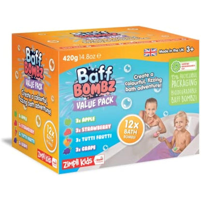 Zimpli Kids - 12 x Baff Bombz, Moisturizing Spa Bath Bombs Gift Set, Birthday Present for Children, Party Bag Fillers Favours, Rewards, Organic & Vegan Friendly, Bath Fizzers, Fizzies, Non-Toxic