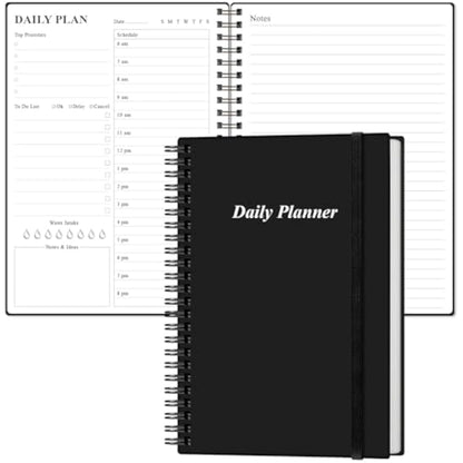 Daily Planner Undated - A5 To Do List Notebook Hourly Schedules, Spiral Appointment Planner for Women and Men, PVC Hardcover, Inner Pocket, Elastic Closure, 5.8" x 8.5", Black
