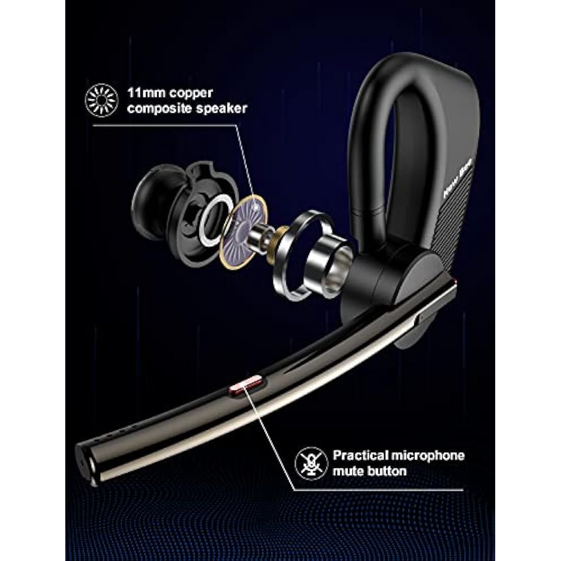 New bee Bluetooth Headset Handsfree Bluetooth Earpiece V5.2 Single Ear Light Weight Earpiece with 24h talking time for iPhone, Android and Laptop