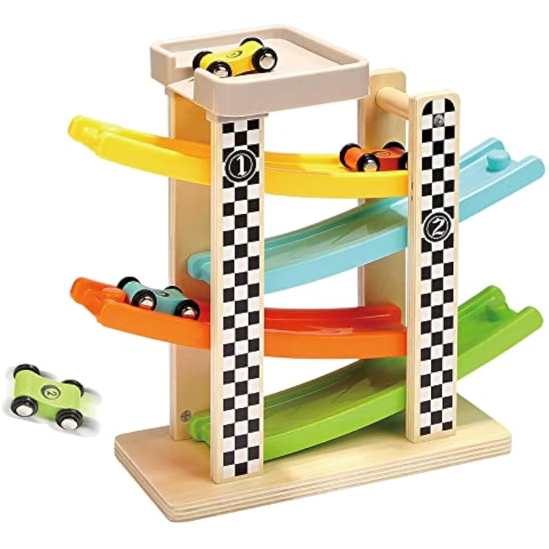 TOP BRIGHT Wooden Car Ramp Toys for 1 2 Year Old Boy Gifts, First Birthday Present for One Two Year Old Car Toy, Baby Toys 12 18 Months with 4 Mini Cars