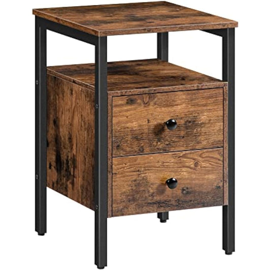 HOOBRO Bedside Table with 2 Drawers, Industrial Sofa Side End Table, Nightstand, End Table with Storage Shelves, for Living Room, Bedroom, Accent Furniture, Easy Assembly, Rustic Brown EBF43BZ01G2