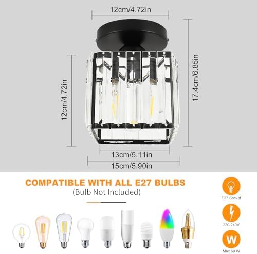 FORCOSO Ceiling Light 2-Pack, Black Light Shade Crystal Light Fitting, Semi Flush Chandelier Metal Lampshade, E27 Lighting Fixture for Living Room Hallway Kitchen Dining Room Bedroom Lounge