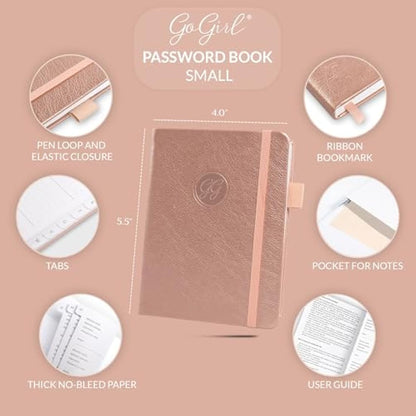 GoGirl Password Book with Alphabetical tabs – Internet Address & Password Keeper Logbook for Password Organization, Journal Notebook for Saving Website Logins. Small Size 11 x 14.5cm - Rose Gold