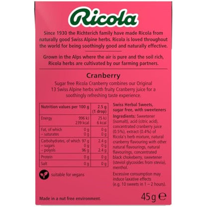 Ricola Cranberry Sugar Free Swiss Herbal Sweets, Herb Drops, Sweet Box 45g - Pack of 20 Boxes