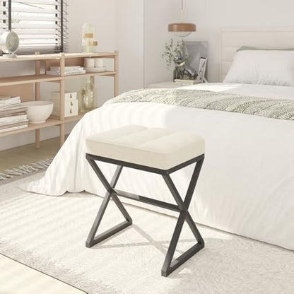 YMYNY Vanity Stool, Linen Footrest Stool, Square Ottoman Bench with X-Shaped Metal Legs, Makeup Dressing Stool for Vanity, Living Room, Bedroom, Entryway, Hallways 40×30×46CM Beige HBD033Y