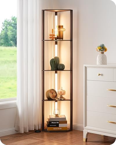 EDISHINE LED Floor Lamps with Shelves, 4 Layers Wood Dimmable Standing Lamp, 360° Rotatable Poles, Corner Floor Lamps for Living Room Bedroom Office, Walnut Brown