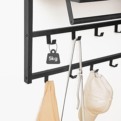 HOOBRO Coat Rack Wall-Mounted, Coat Hook with 10 Hooks and Shelf, 80 x 30 x 42 cm, Hanging Rail, for Entryway, Bathroom, Living Room, Laundry Room, Rustic Brown EBF12YM01