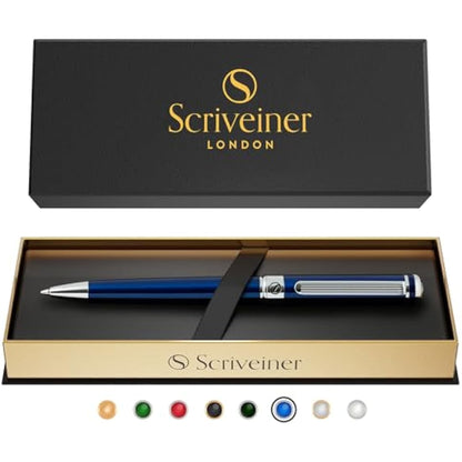 Scriveiner Midnight Blue Ballpoint Pen - Stunning Blue Lacquer Luxury Pen, Chrome Finish, Schmidt Black Refill, Best Ball Pen Gift Set for Men & Women, Professional Executive Office, Nice Designer Pen