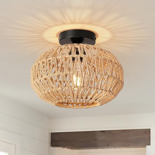 FORCOSO Rattan Ceiling Light, Boho Lamp Light Shade Rattan Lampshade, E27 Vintage Chandelier Light Fitting, Rustic Ceiling Lamp Fixtures for Living Room Bedroom Dining Room Kitchen Hallway