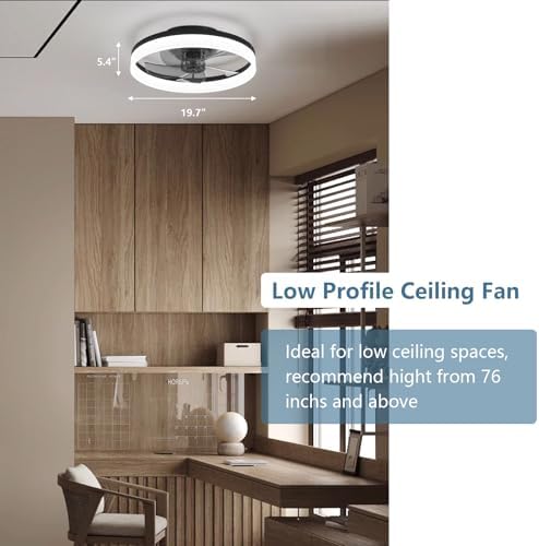 MOSSCO Ceiling Fans with Lights and Remote, LED Dimmable 3 Colour 6 Speeds Reversible Fan Light, Modern Fan Lights Ceiling for Bedroom, Flush Mount Low Profile Ceiling Fan Light Black 50CM