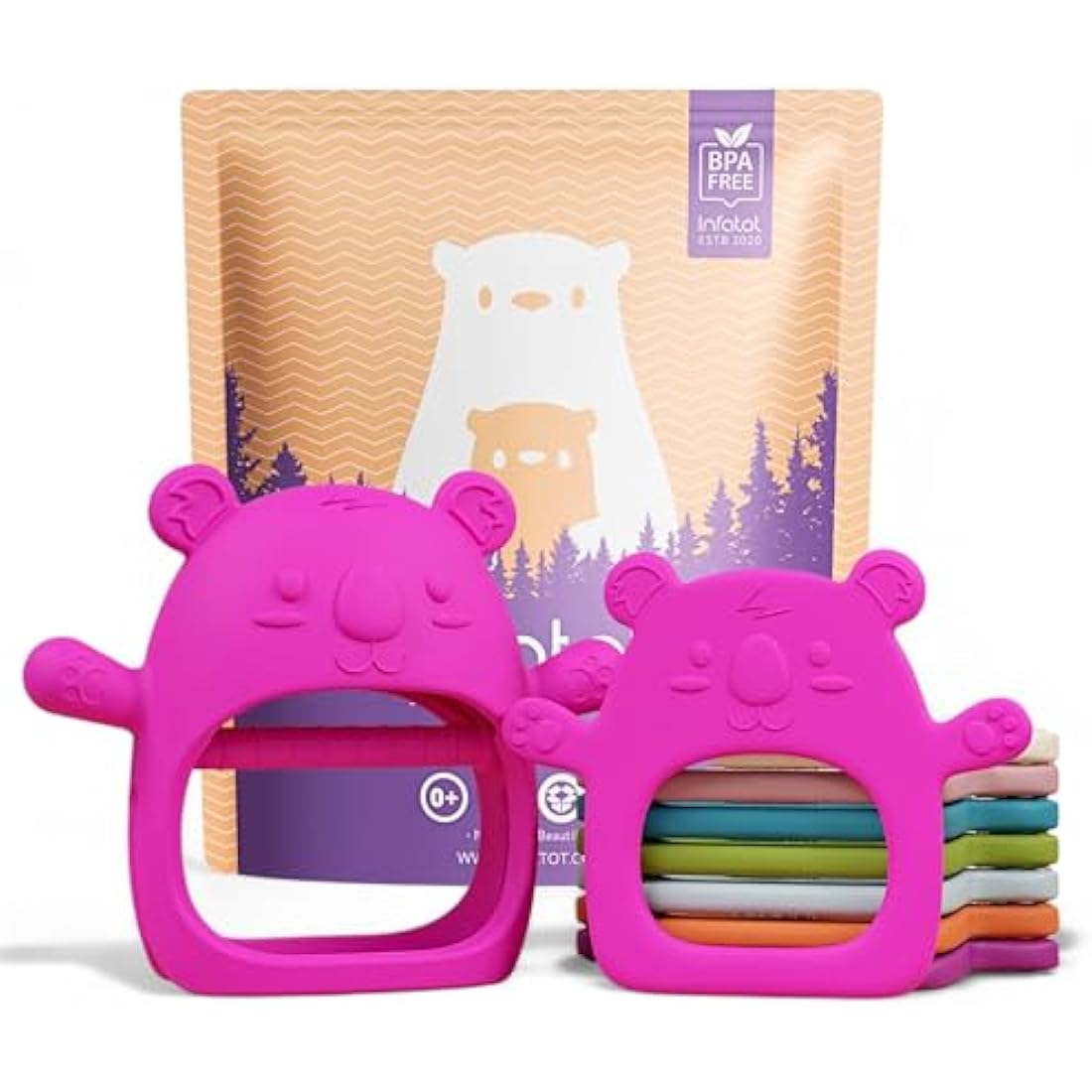 Infatot® Teething Toys for Baby Gifts – 2-Pack Koda Koala Teether Mitten Glove, Soothing Hand Teethers for Infants, Baby Toys 0-6 Months and Up, Newborn Essentials for Teething Relief, Bright Pink