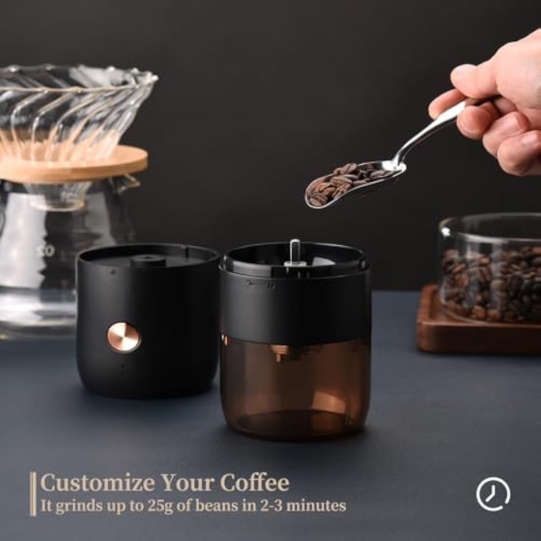 ELMWAY Mini Electric Coffee Grinder – Rechargeable & Portable, Stainless Steel Conical Burr, One-Touch Grinding with Auto Stop, Internal Adjustable Grind Settings, Perfect for Single Servings – Black