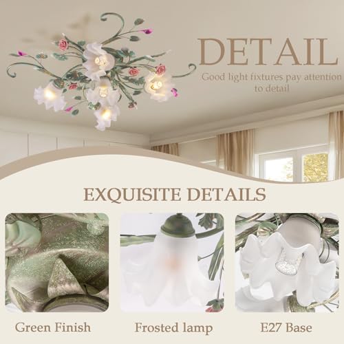 meibeileil Country Villa Ceiling Lights,Chandelier with Glass Lampshade and Pink Ceramic Roses,Vintage Flower Design Light Fittings Ceilings for Living Room Bedroom Restaurant Hallway