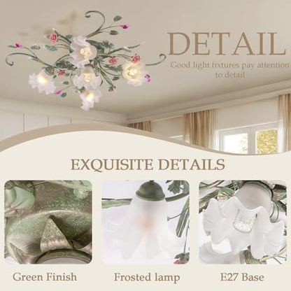 meibeileil Country Villa Ceiling Lights,Chandelier with Glass Lampshade and Pink Ceramic Roses,Vintage Flower Design Light Fittings Ceilings for Living Room Bedroom Restaurant Hallway