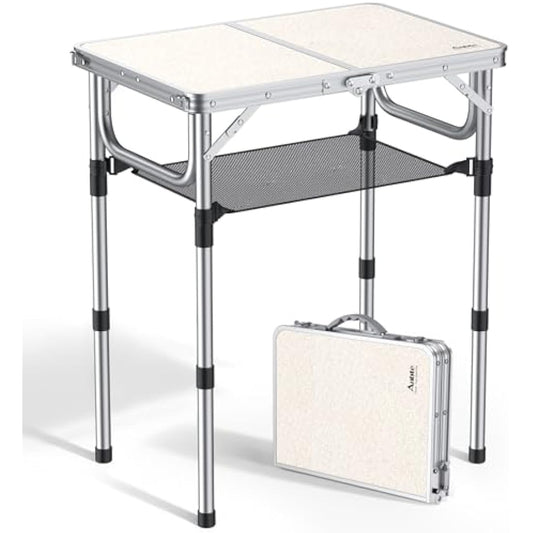 Anbte Folding Camping Table with Storage Net, 3 Adjustable Heights Aluminum Small Folding Table, Waterproof Lightweight Foldable Stored for Outdoor Indoor Picnic Beach Backyard, 60cm x 40cm, Silver