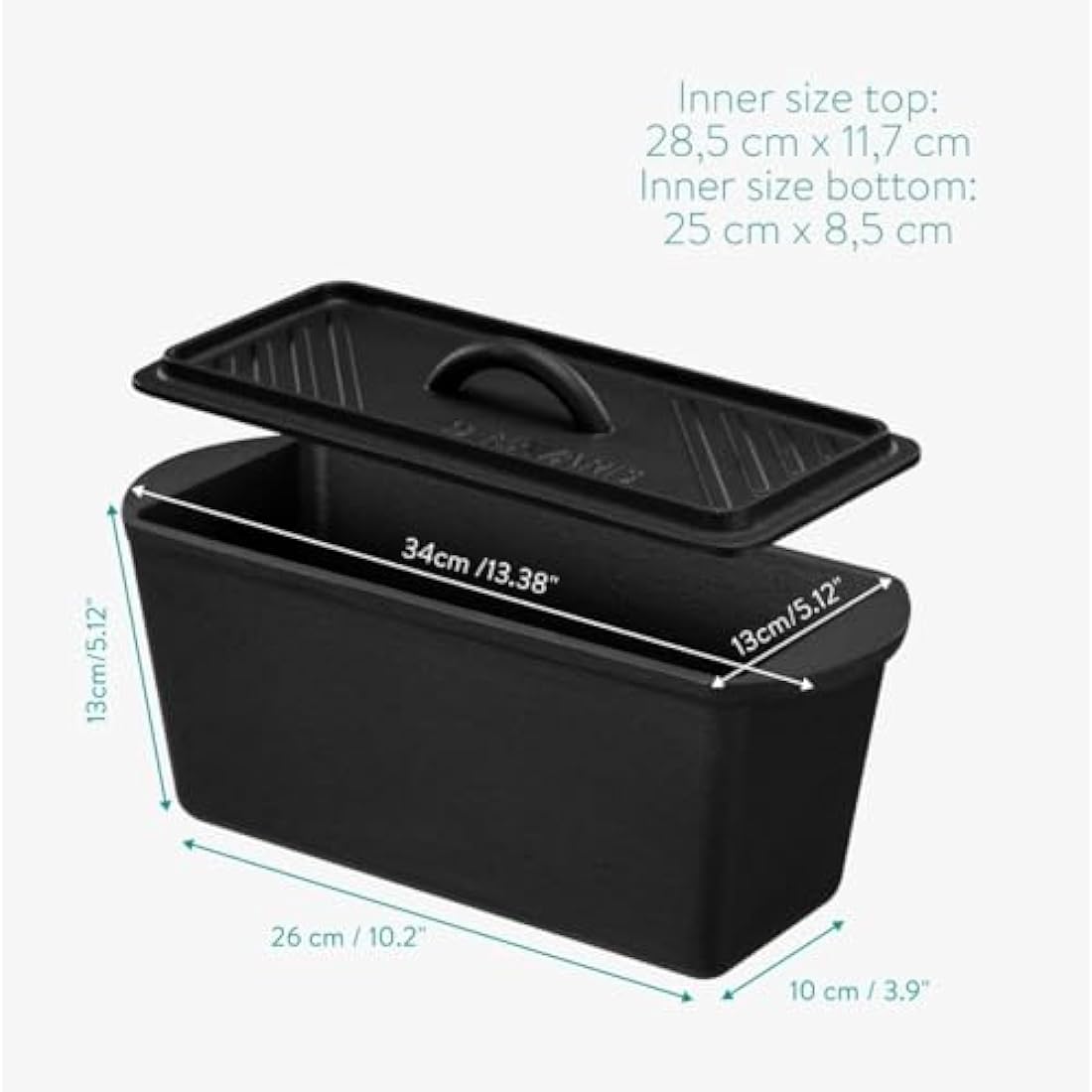 Navaris Bread Loaf Pan with Lid - Cast Iron Bread Baking Pan for Bulge Top or Flat Top Breads Meat Veg Meatloaf - Baking Tin 34 cm x 13 cm x 13 cm - Black
